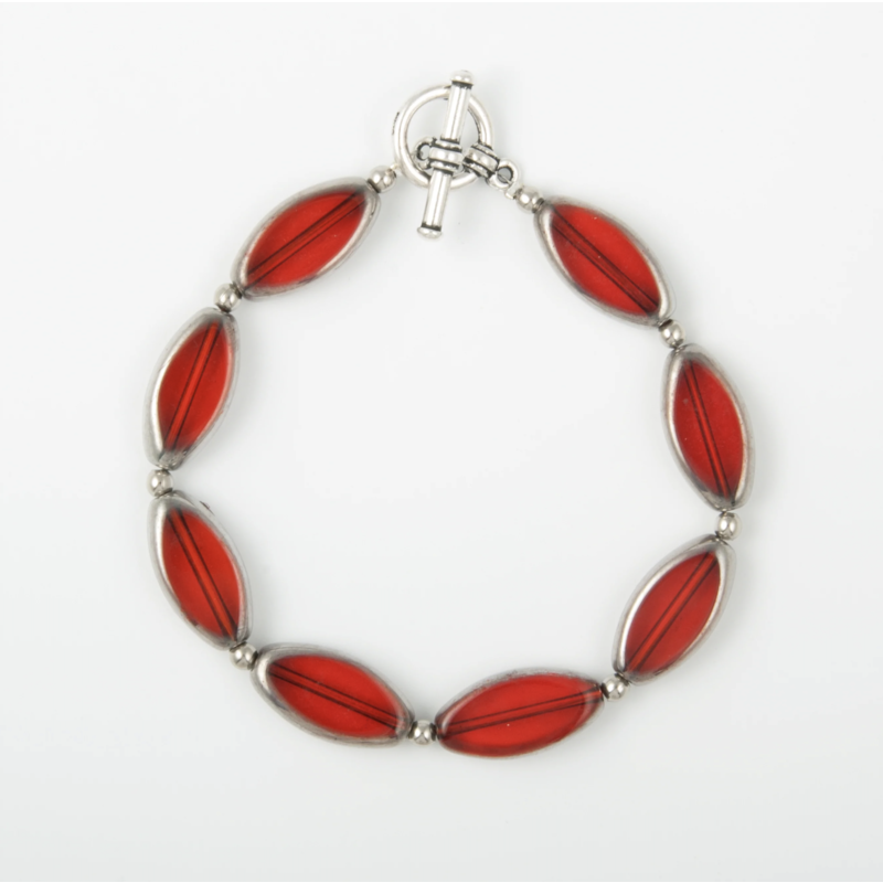 Silver Edged Red Glass Ellipse Bracelet
