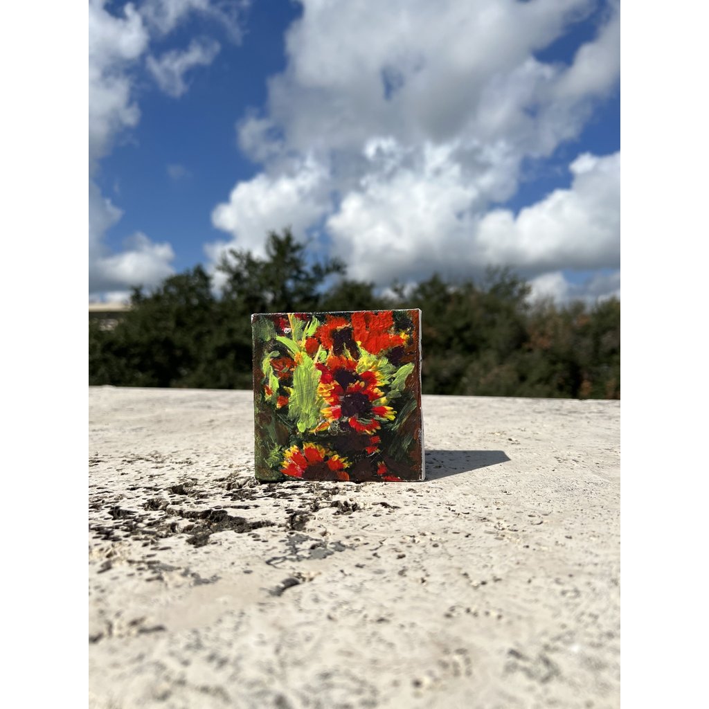 Austin & Texas Indian Blanket flower mixed media on 4x4 canvas Jean Schuler