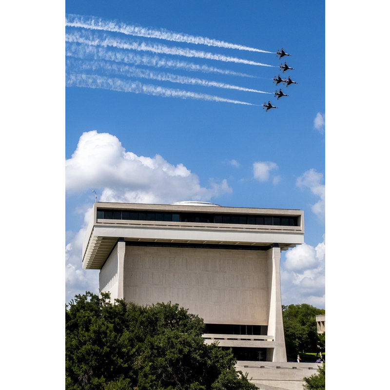 All the Way with LBJ Thunderbirds fly over LBJ Library postcard