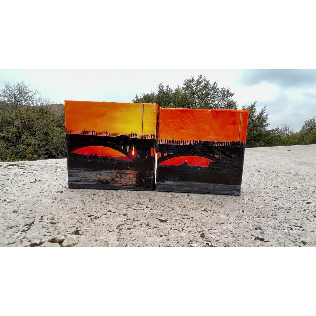 Austin & Texas Bat Bridge mixed media on 4x4 canvas Jean Schuler
