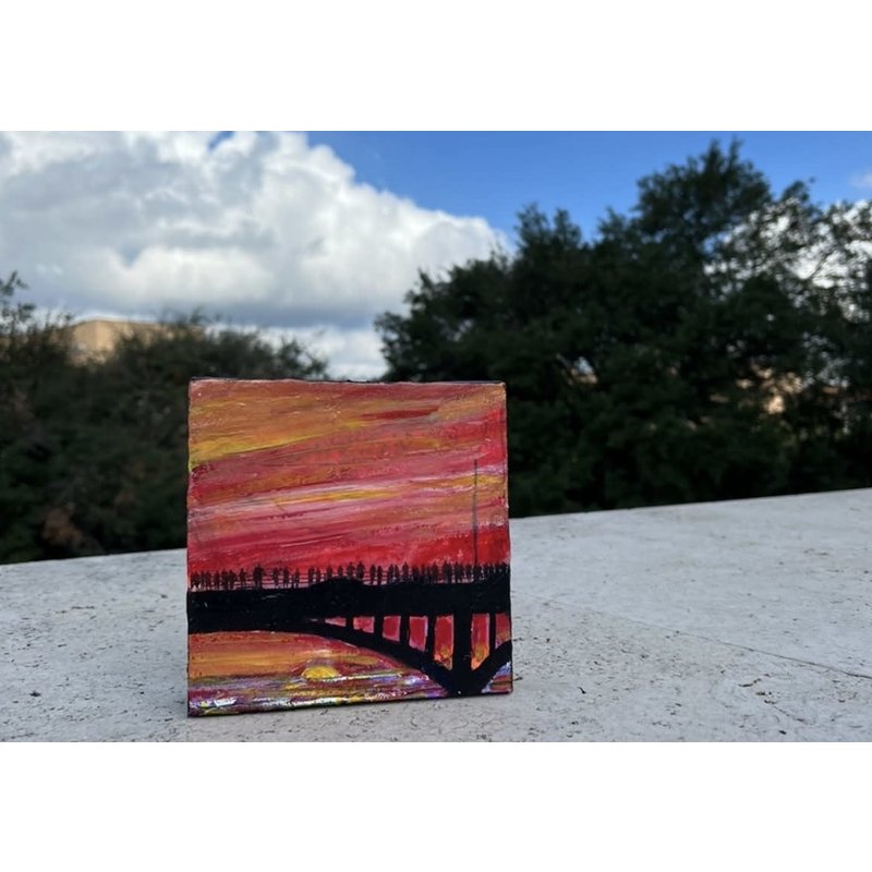 Austin & Texas Bat Bridge mixed media on 6x6 canvas Jean Schuler