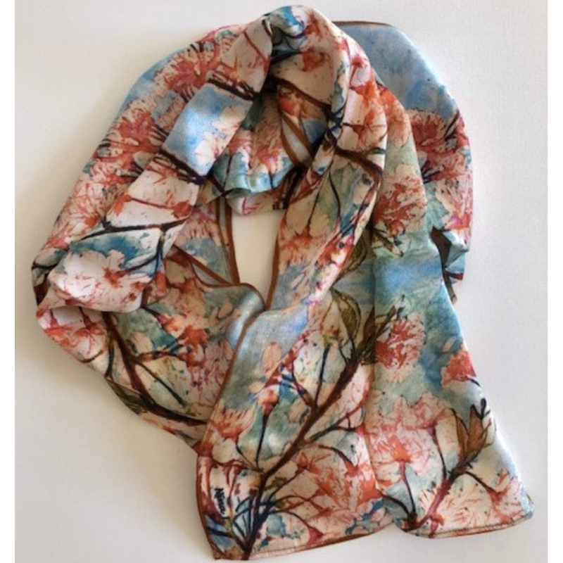 Lady Bird Johnson Cherry Blossoms Satin Silk Scarf 10x70