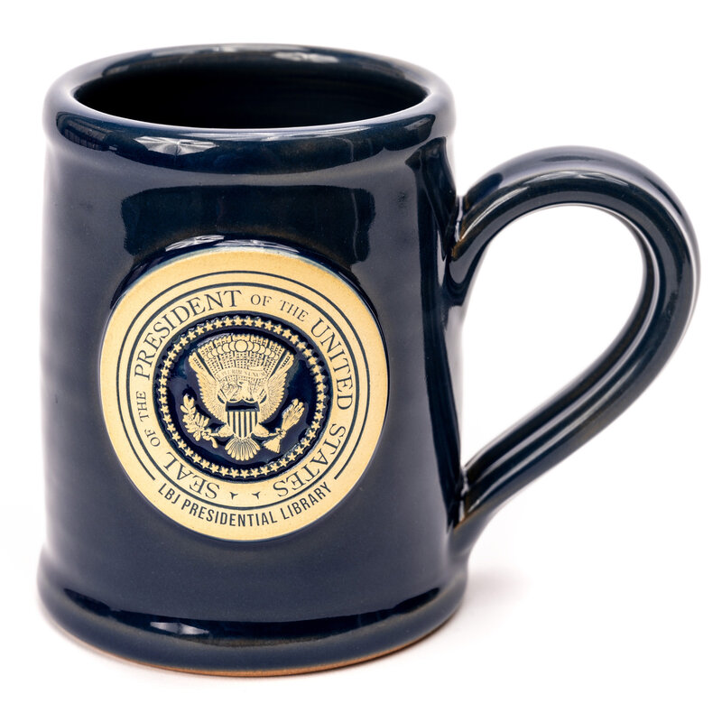 All the Way with LBJ Presidential Seal 13oz Blue Stoneware Mug