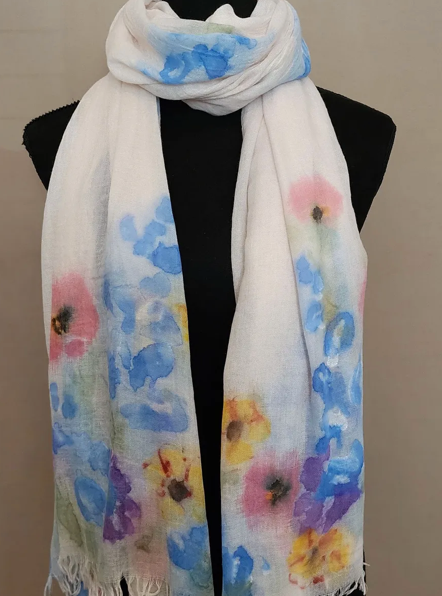【eL×ONE】Flower Large Scarf Big Silk Scarf - Extra Long Scarf - Handpainted Silk Scarves