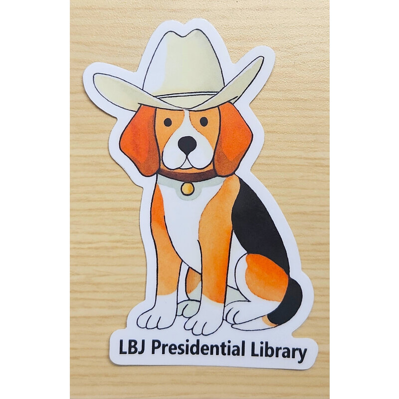 All the Way with LBJ Beagle Sticker w/Cowboy hat 4"