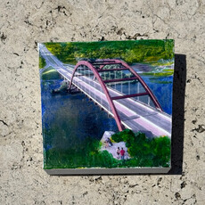 Austin & Texas Pennybacker Bridge Austin mixed media on 6x6 canvas by Jean Schuler