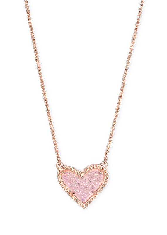 KENDRA SCOTT Ari Heart Rose Gold Pendant Necklace in Pink Drusy
