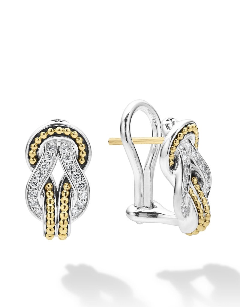 LAGOS Newport Large Two Tone Knot Diamond Omega Clip Earrings