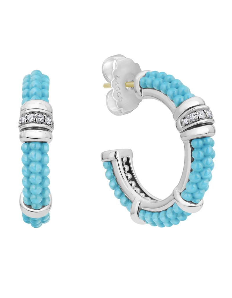 LAGOS Blue Ceramic and Diamond Hoop Earrings
