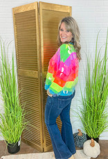 QUEEN OF SPARKLES Neon Rainbow Stripe Clear Sequin Sweater