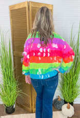QUEEN OF SPARKLES Neon Rainbow Stripe Clear Sequin Sweater