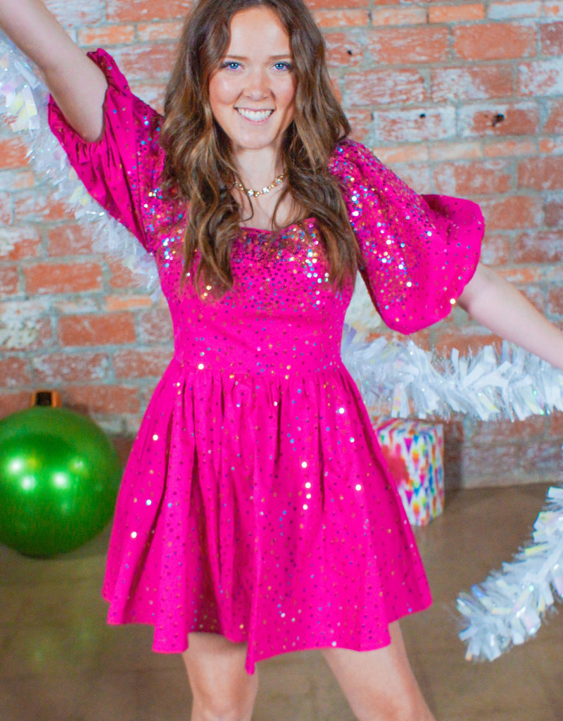 QUEEN OF SPARKLES Queen of Sparkles Hot Pink Sequin Scattered Poof Sleeve Dress