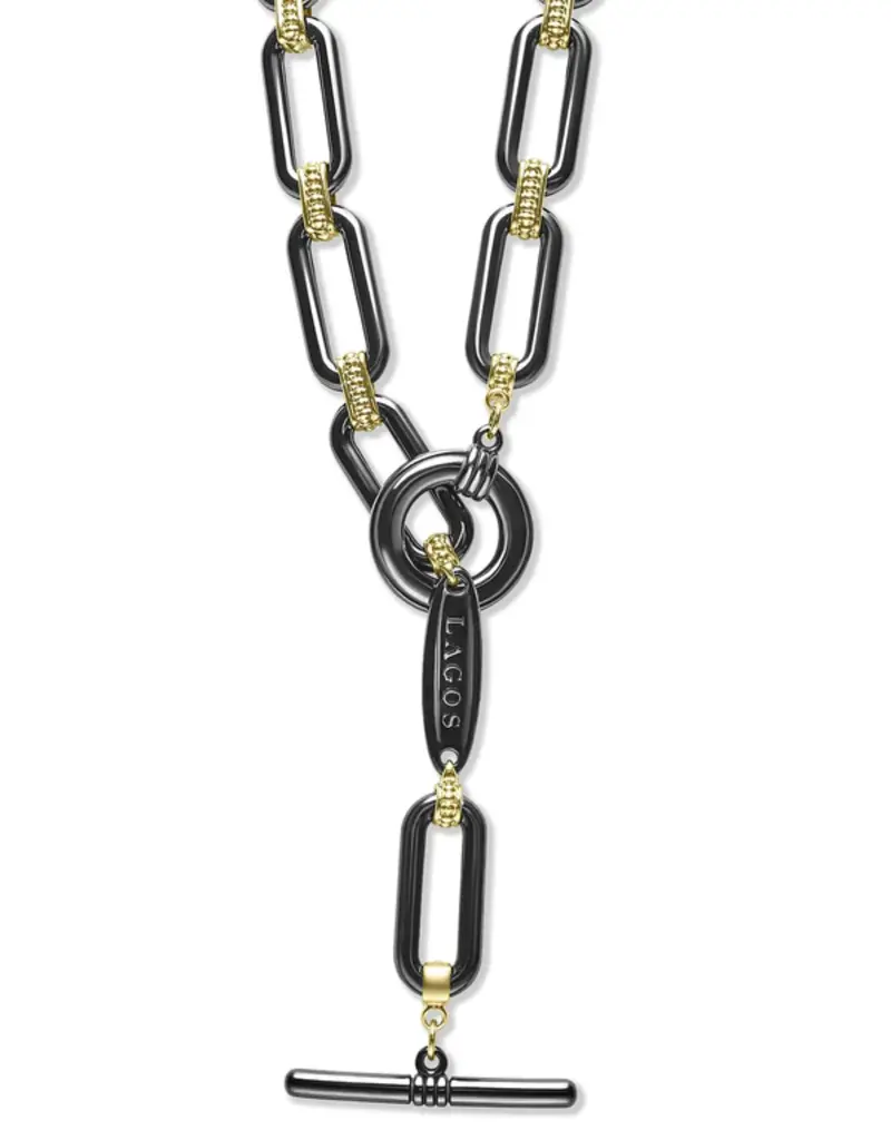 LAGOS Signature Caviar Black Ceramic  & 18k Gold Lg Link Necklace