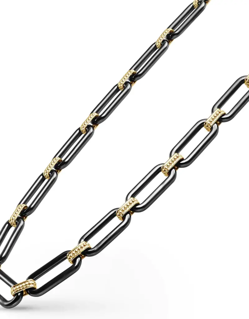 LAGOS Signature Caviar Black Ceramic  & 18k Gold Lg Link Necklace