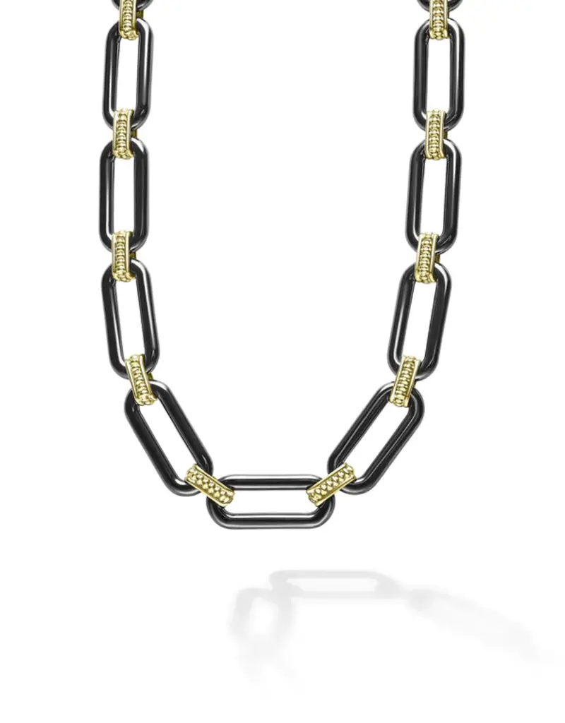 LAGOS Signature Caviar Black Ceramic  & 18k Gold Lg Link Necklace