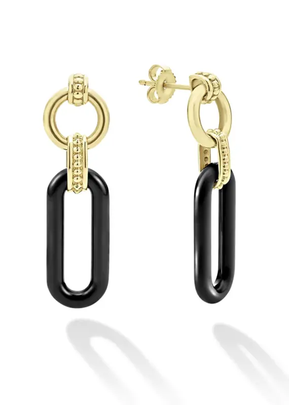 LAGOS Signature Caviar Black Ceramic  & 18k Gold Link Drop Earrings