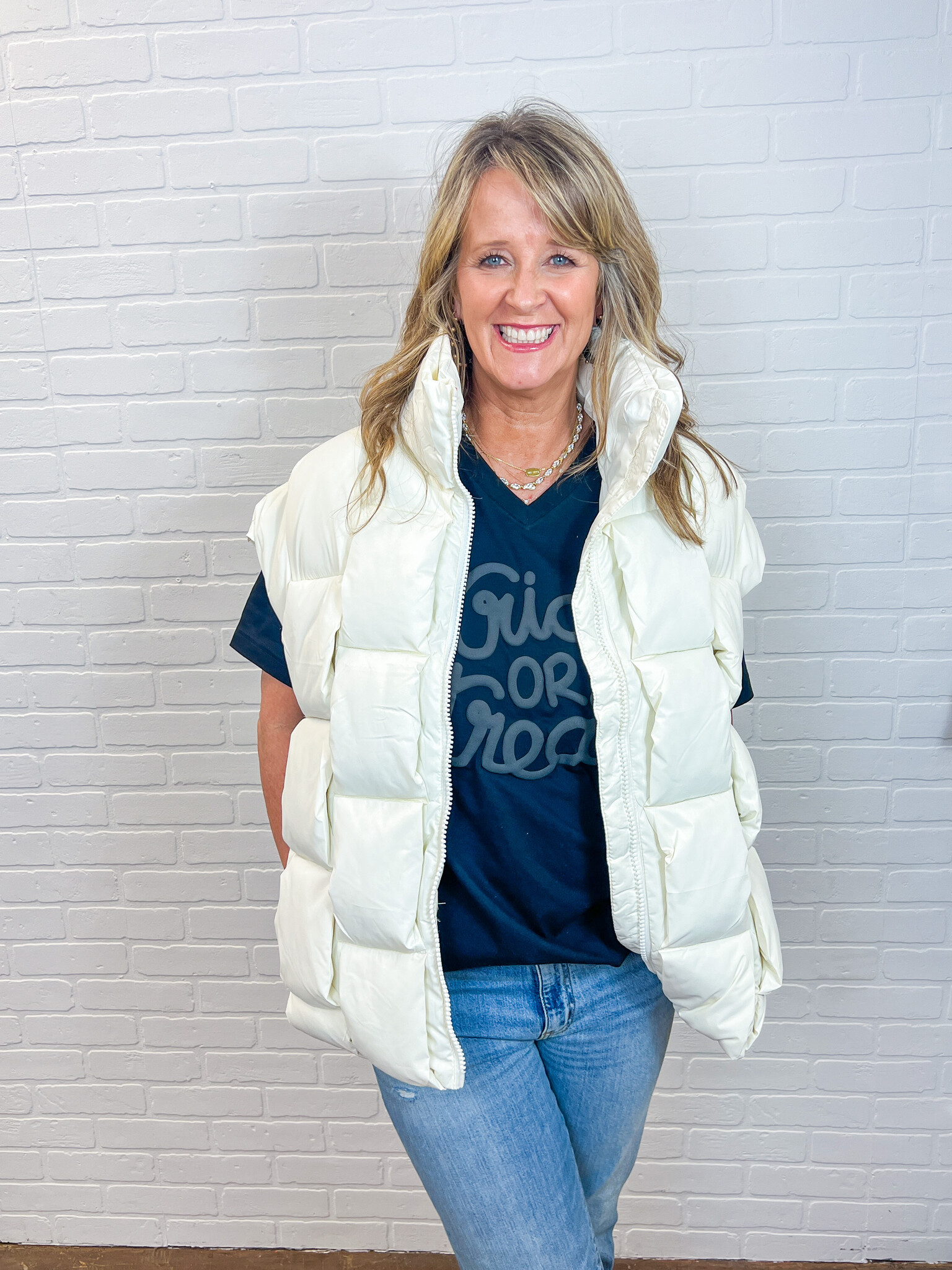 White puffer vests