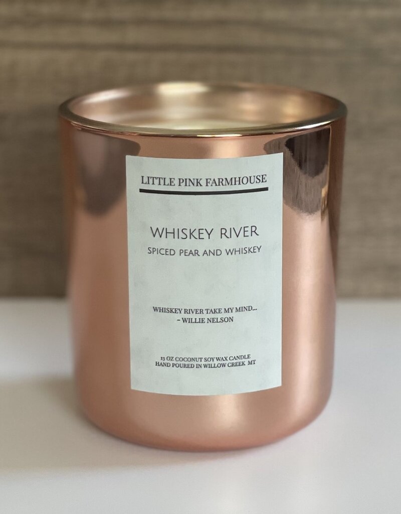 J.HOFFMAN'S Little Pink Farm House Whiskey River Copper Aura Candle