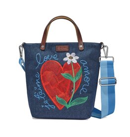Amore Heart Embroidered Messenger in Denim