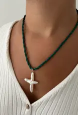 J.HOFFMAN'S Lucky Cord Pearl Cross Necklace-Forest Grn