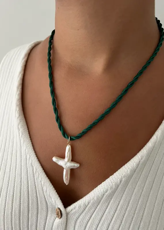 J.HOFFMAN'S Lucky Cord Pearl Cross Necklace-Forest Grn