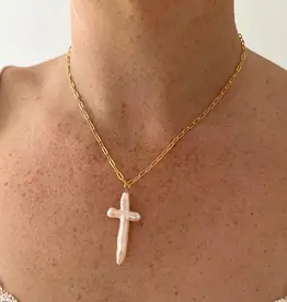 J.HOFFMAN'S XL Pearl Cross on Link Necklace