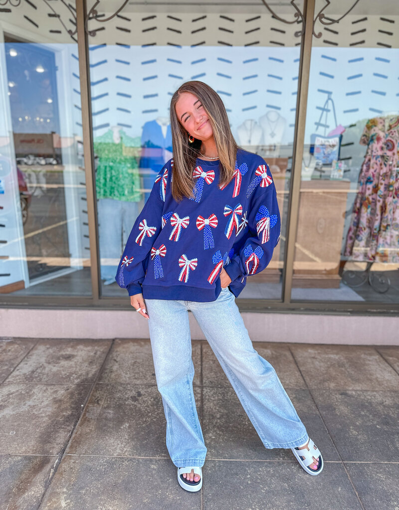 J.HOFFMAN'S Queen of Sparkles Navy Red White & Blue Bow Sweatshirt