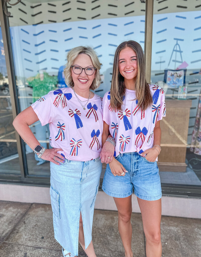 J.HOFFMAN'S Queen of Sparkles Red White & Blue Scattered Bow Tee