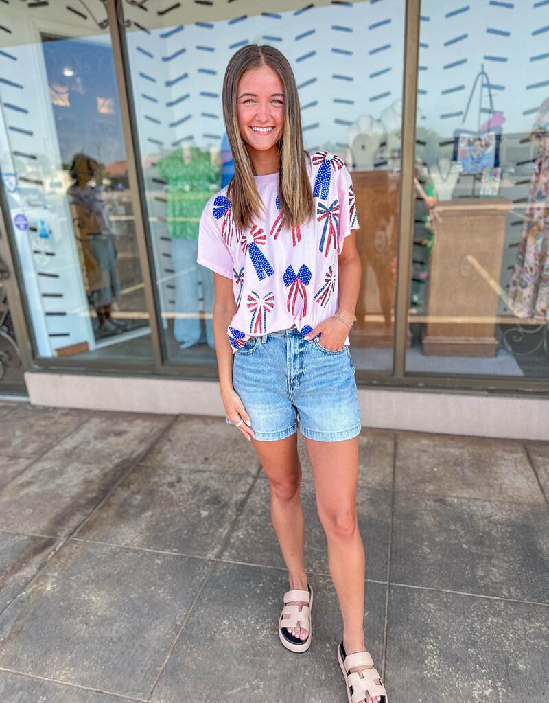 J.HOFFMAN'S Queen of Sparkles Red White & Blue Scattered Bow Tee