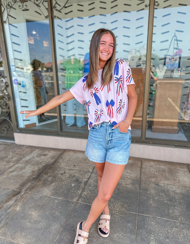 J.HOFFMAN'S Queen of Sparkles Red White & Blue Scattered Bow Tee