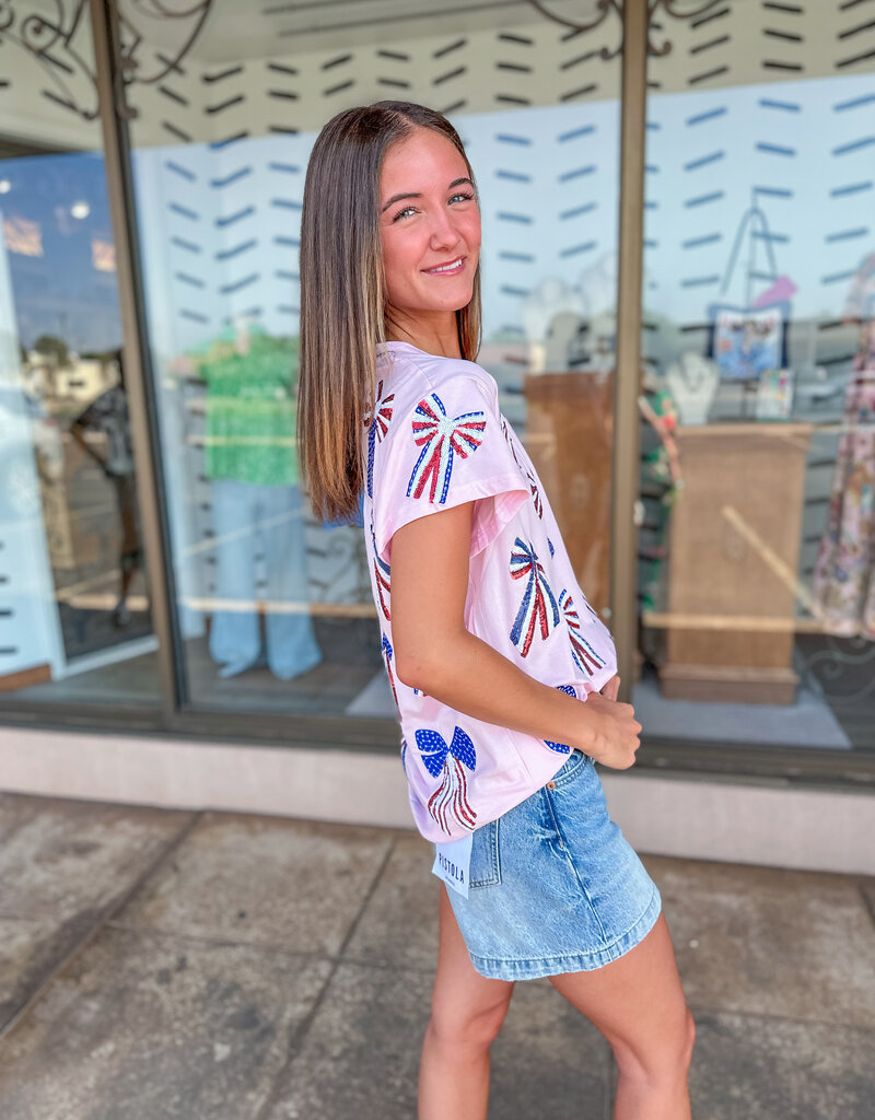 J.HOFFMAN'S Queen of Sparkles Red White & Blue Scattered Bow Tee