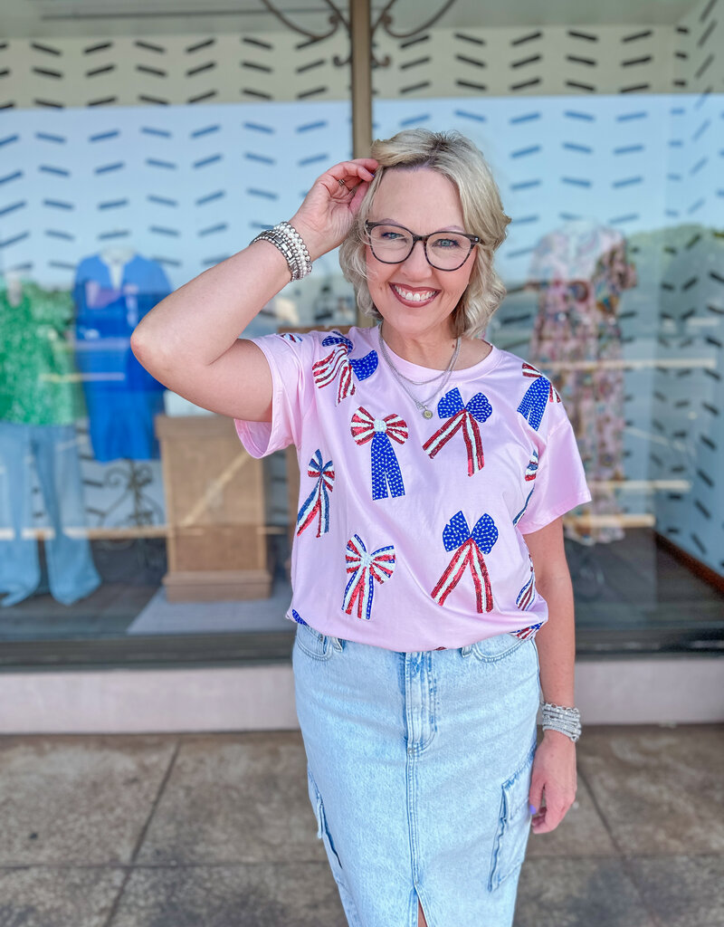 J.HOFFMAN'S Queen of Sparkles Red White & Blue Scattered Bow Tee