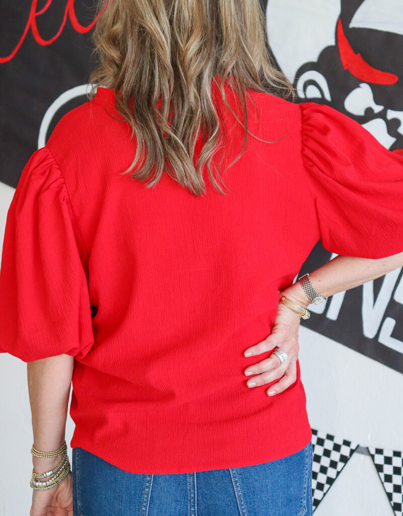 J.HOFFMAN'S V-Neck Puff Sleeve Top - Red