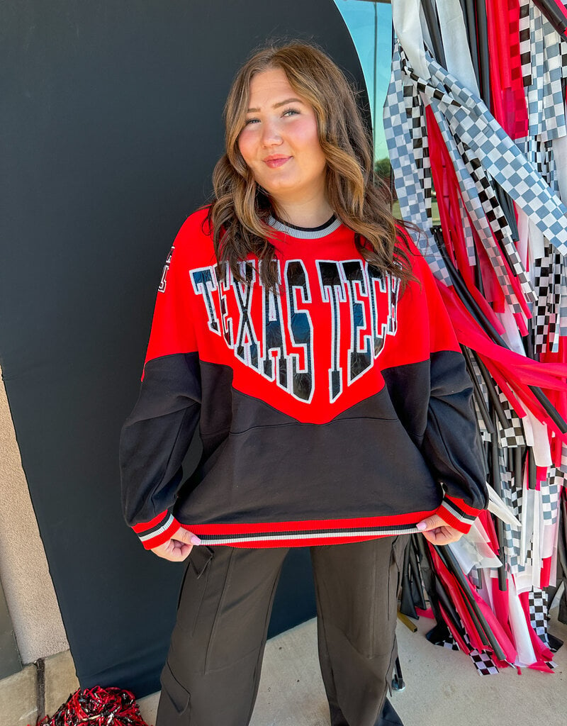 J.HOFFMAN'S Queen of Sparkles Texas Tech Colorblock Sweatshirt