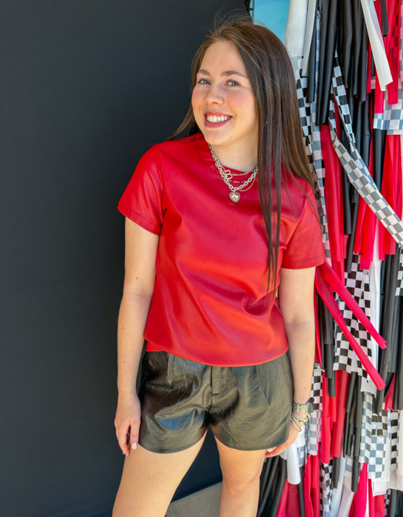 J.HOFFMAN'S Vegan Leather Short Slv Top - Red