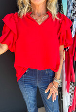 J.HOFFMAN'S Ruffle Collar Top w/ Flounce Bubble Slv - Red