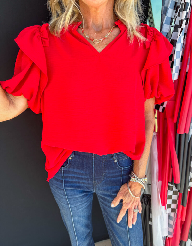 J.HOFFMAN'S Ruffle Collar Top w/ Flounce Bubble Slv - Red