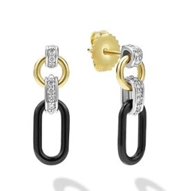 LAGOS Signature Caviar Small 18K Gold and Black Ceramic Diamond Link Drop Earrings