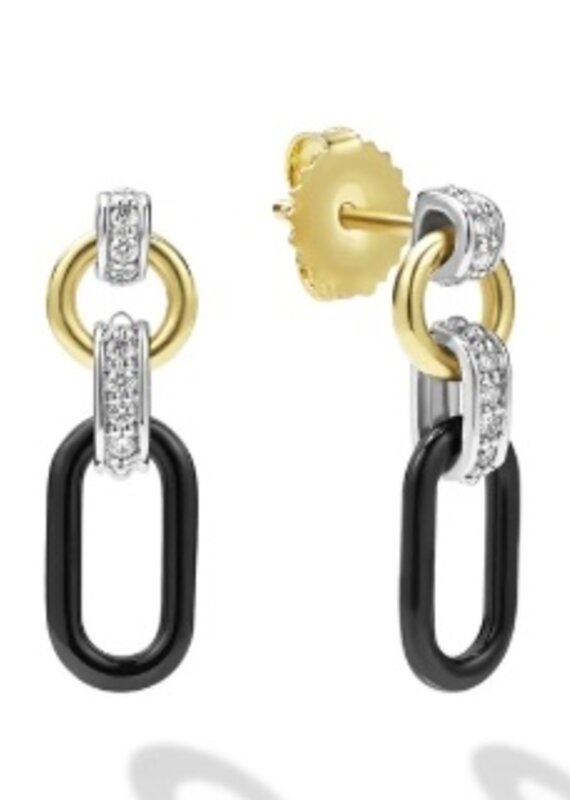 LAGOS Signature Caviar Small 18K Gold and Black Ceramic Diamond Link Drop Earrings