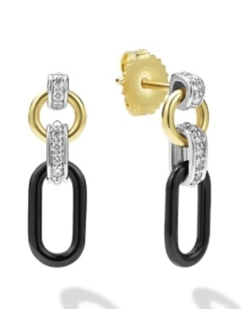 LAGOS Signature Caviar Small 18K Gold and Black Ceramic Diamond Link Drop Earrings