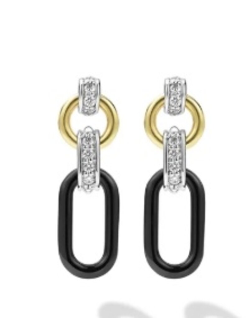 LAGOS Signature Caviar Small 18K Gold and Black Ceramic Diamond Link Drop Earrings