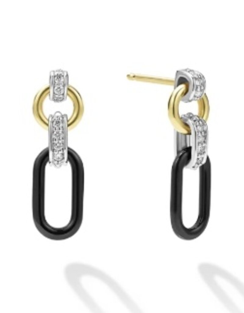 LAGOS Signature Caviar Small 18K Gold and Black Ceramic Diamond Link Drop Earrings