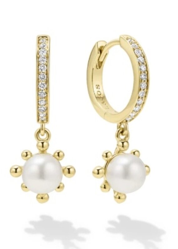 LAGOS Luna 18K Gold Fleur Pearl Diamond Huggie Earrings