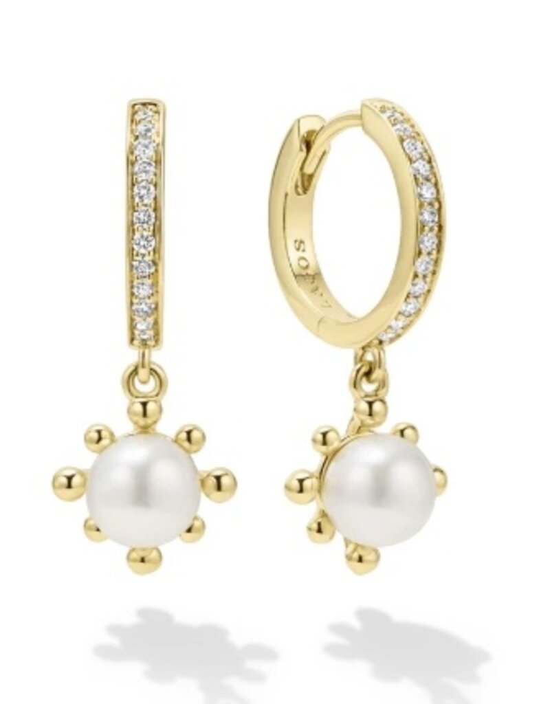 LAGOS Luna 18K Gold Fleur Pearl Diamond Huggie Earrings
