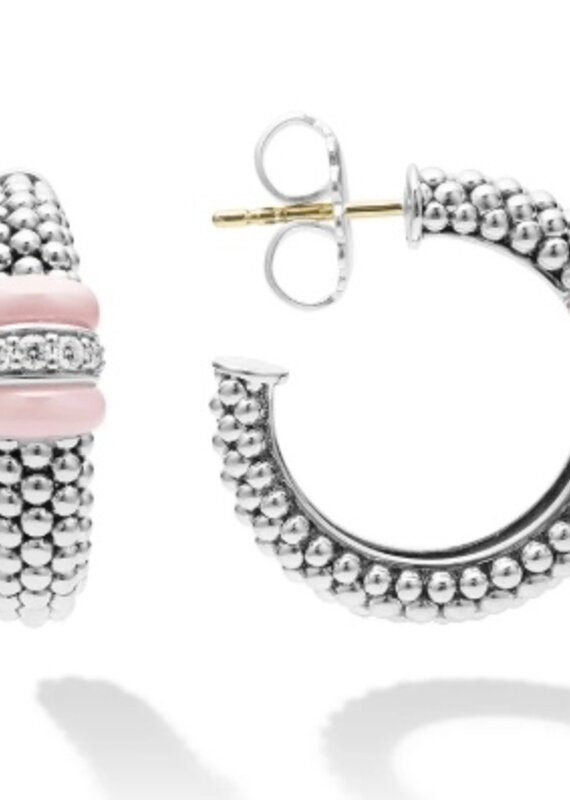LAGOS Pink Ceramic Ceramic Caviar Diamond Hoop Earrings