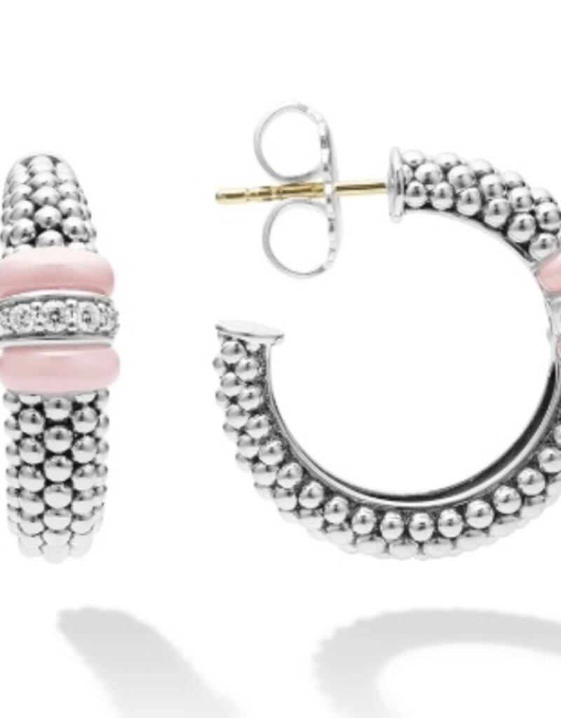 LAGOS Pink Ceramic Ceramic Caviar Diamond Hoop Earrings