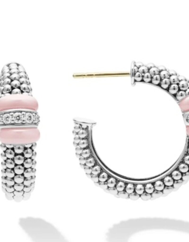 LAGOS Pink Ceramic Ceramic Caviar Diamond Hoop Earrings