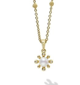 LAGOS Luna 18K Gold Petite Fleur Pearl Diamond Pendant Necklace