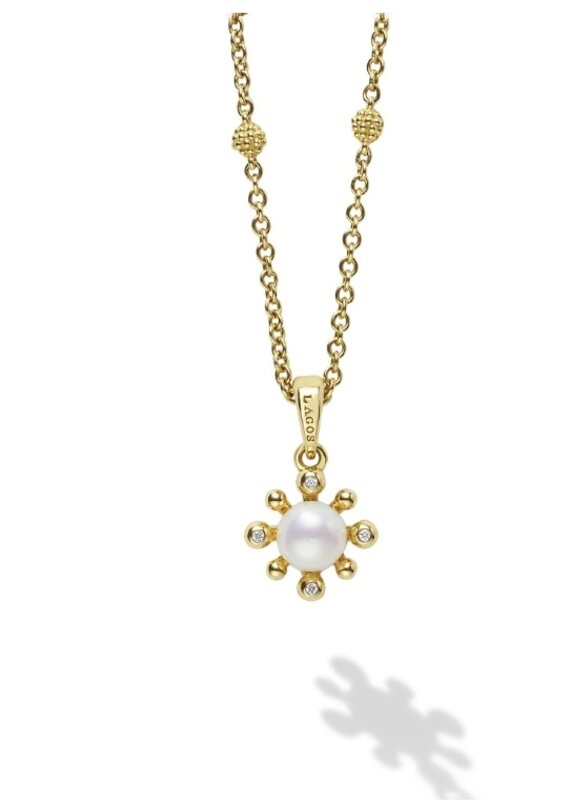 LAGOS Luna 18K Gold Petite Fleur Pearl Diamond Pendant Necklace
