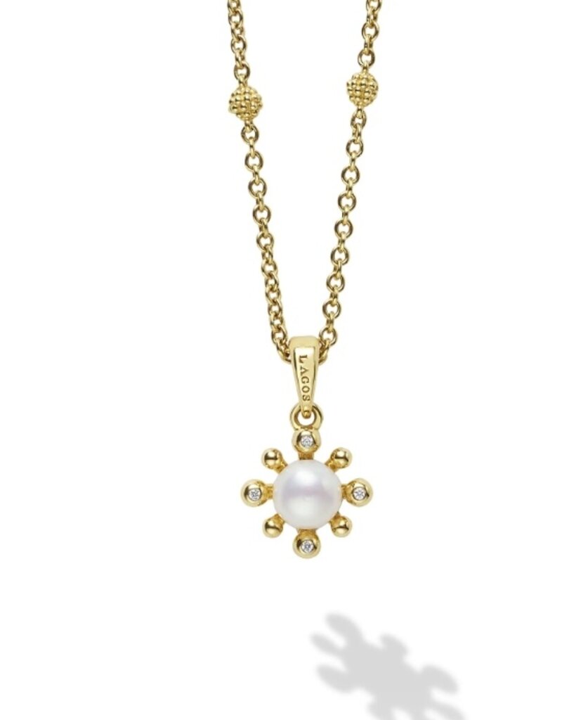 LAGOS Luna 18K Gold Petite Fleur Pearl Diamond Pendant Necklace